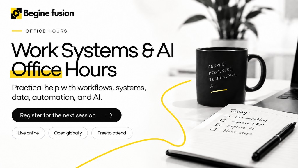 Work Systems and AI Office Hours card. Begine Fusion logo top left. Headline with Office Hours highlighted in yellow. Subtitle: Practical help with workflows, systems, data, automation, and AI. Register for the next session. Pills: Live online, Open globally, Free to attend. A mug lists people, processes, technology, and AI. A notebook lists fix workflow, improve CRM, explore AI, and next steps.