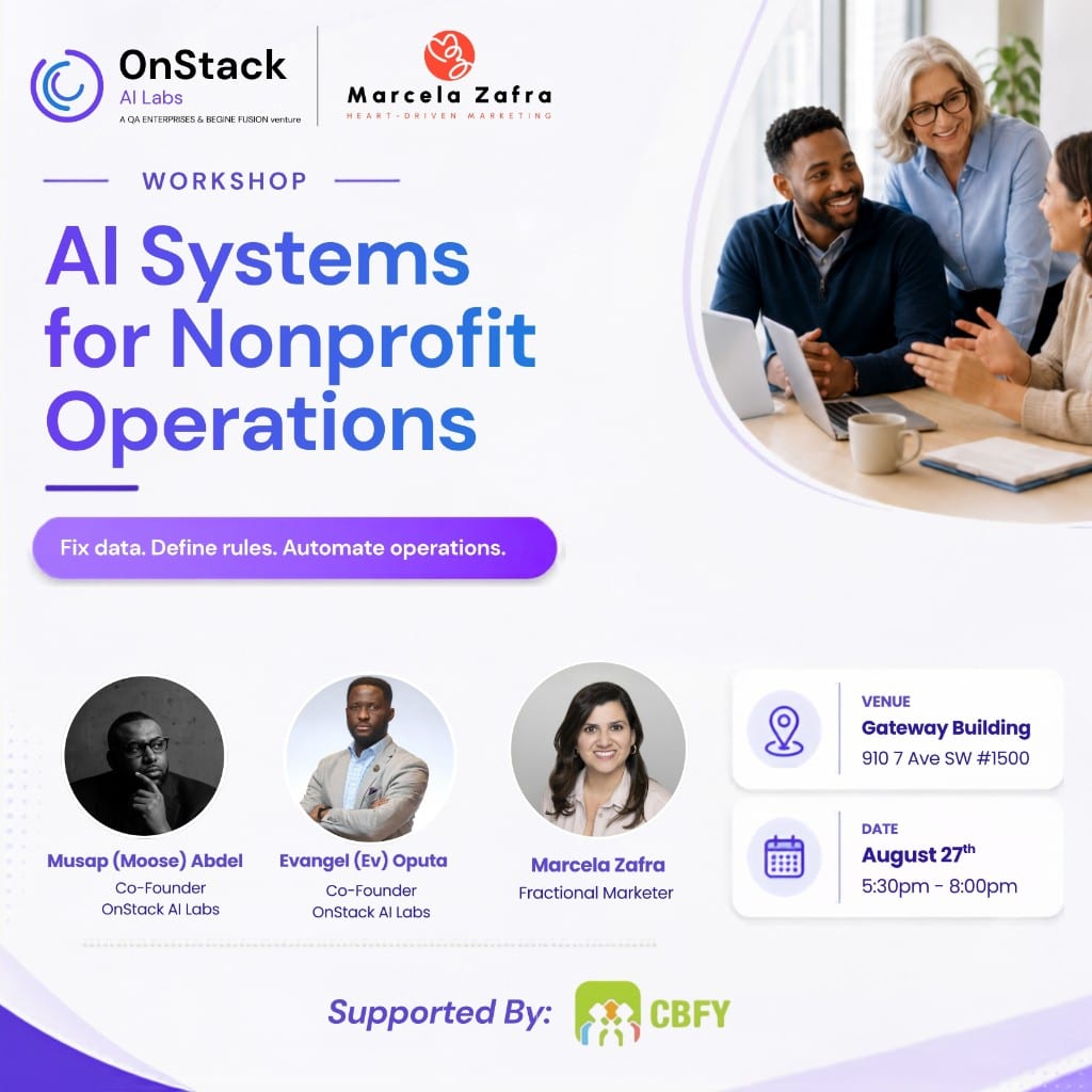 Flyer for AI Systems for Nonprofit Operations, with Ev Oputa, Moose Abdelhag and Marcela Zafra