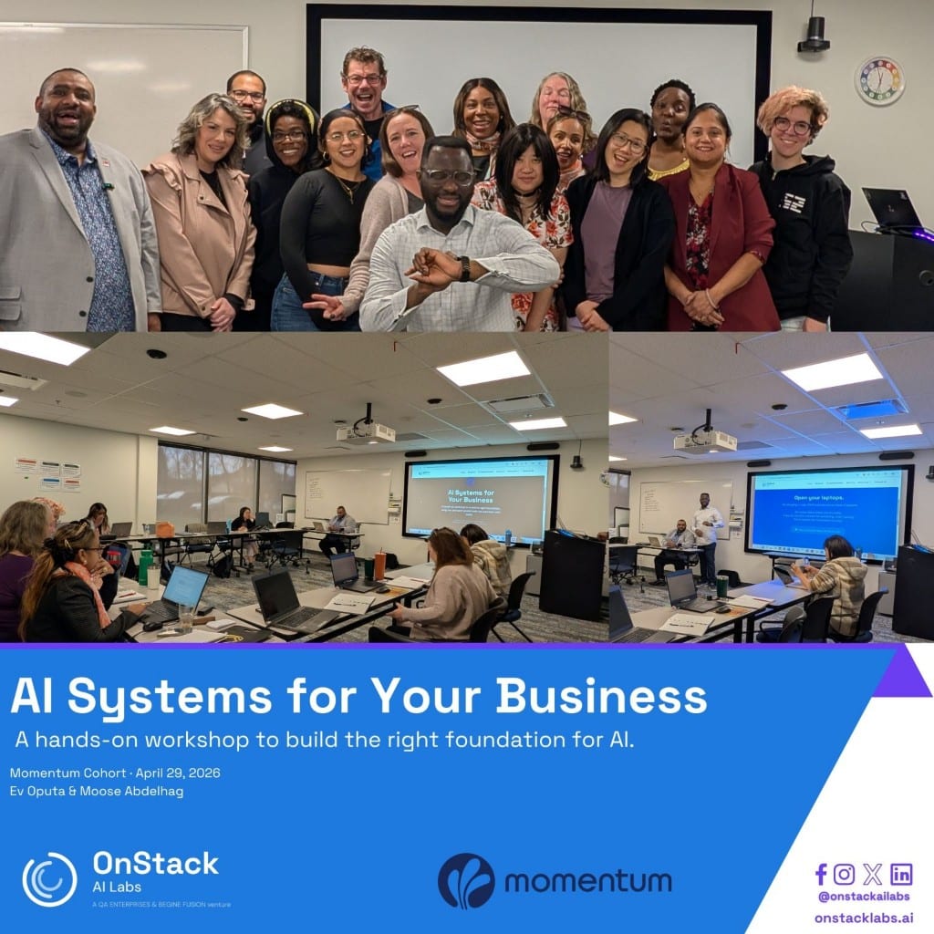 Collage from the AI Systems for Your Business workshop for the Momentum Cohort, with Ev Oputa and Moose Abdelhag