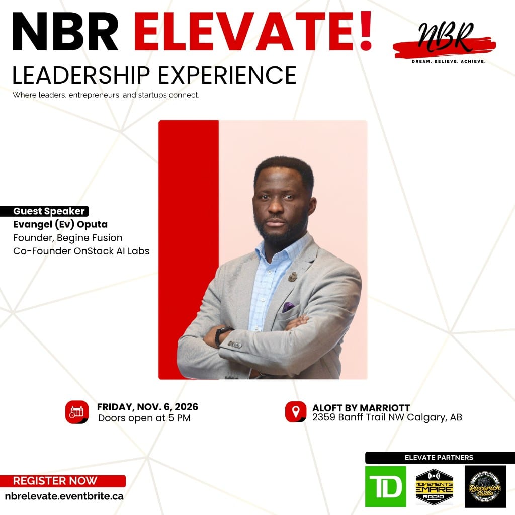 Flyer for NBR Elevate Leadership Experience on 6 November 2026, naming Ev Oputa as a guest speaker
