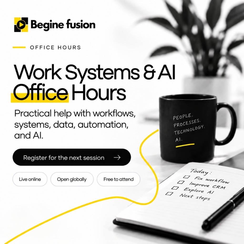 Flyer for Work Systems and AI Office Hours: practical help with workflows, systems, data, automation and AI