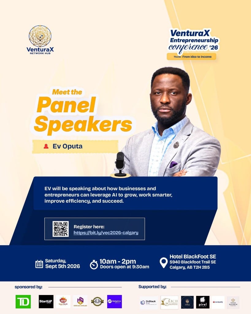Flyer for VenturaX Entrepreneurship Conference 2026, naming Ev Oputa as a panel speaker