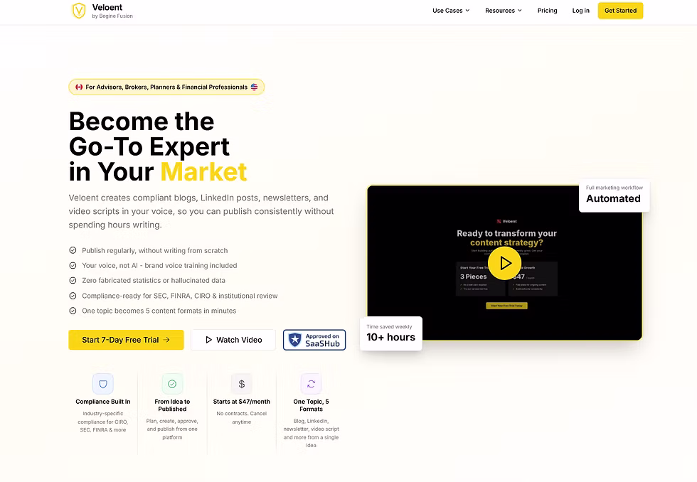 Veleent webpage offers content creation tools for professionals, featuring compliance options and a 7-day trial. Yellow accents with a video thumbnail.