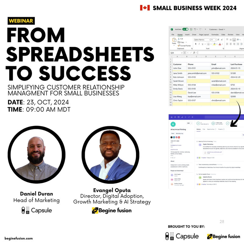 Webinar flyer for From Spreadsheets to Success, with Capsule
