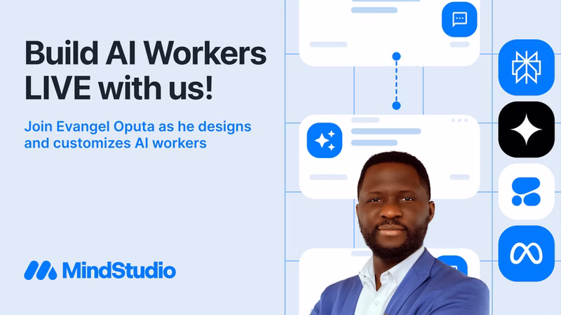 Promotion for a live build session designing AI workers with MindStudio