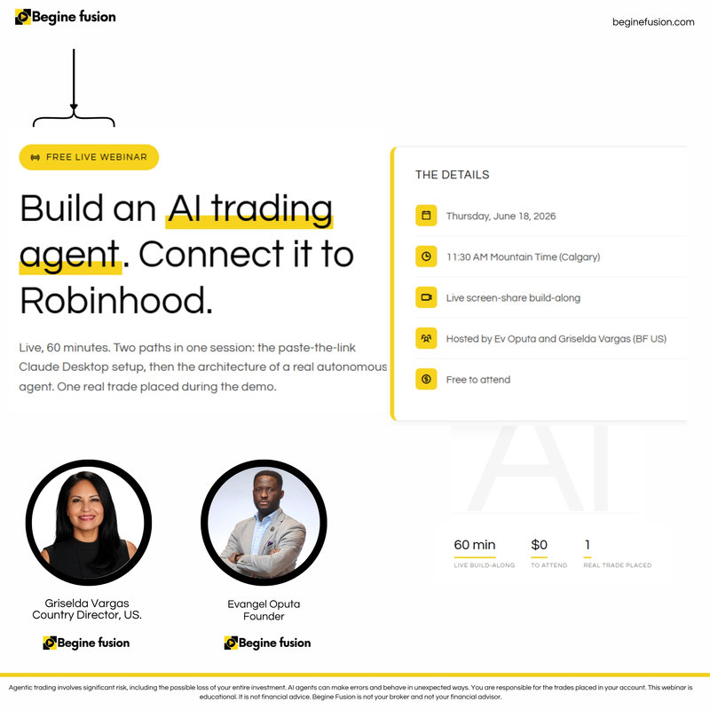 Webinar flyer for building an AI trading agent and connecting it to Robinhood