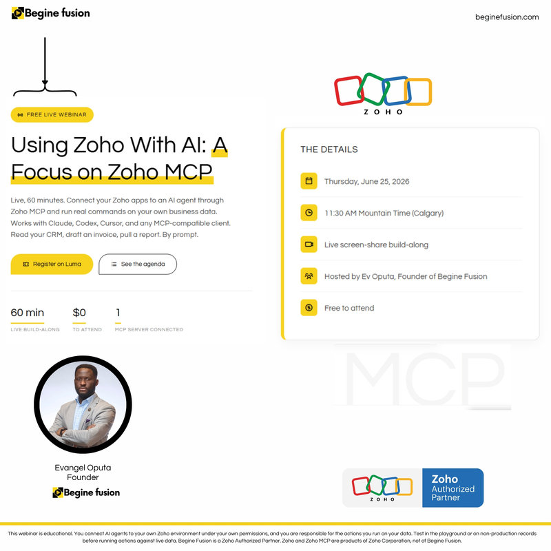 Webinar flyer for Using Zoho with AI, a session on the Zoho MCP