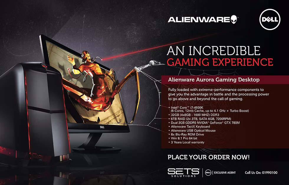 Alienware Aurora Gaming Desktop ad with dark tones. Monitor displays a sci-fi figure. Text highlights specs and performance, with a call to action.