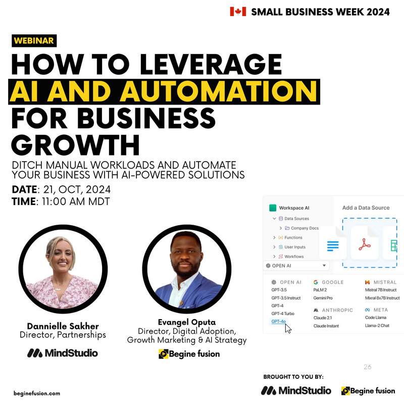 Webinar flyer for How to Leverage AI and Automation for Business Growth, with MindStudio