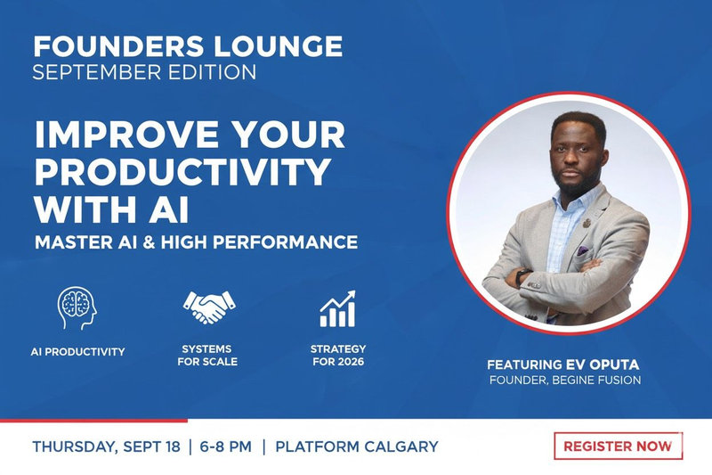 Flyer for a Founders Lounge session on improving productivity with AI at Platform Calgary